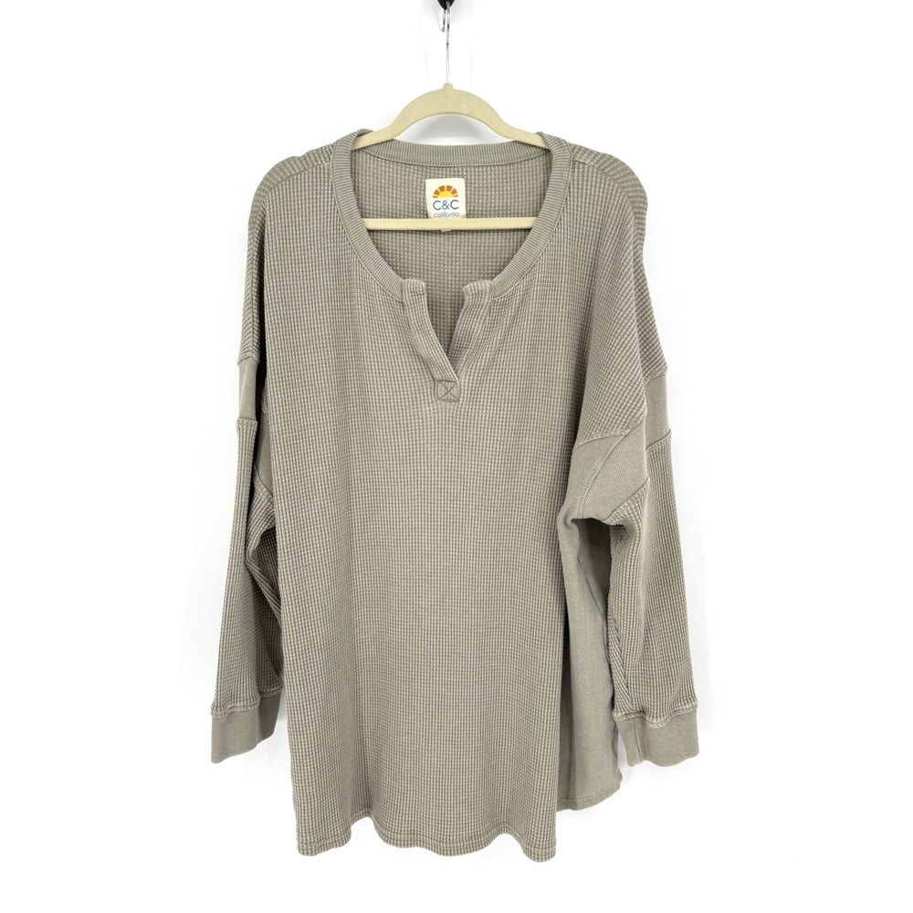 C&C California Women's Waffle Knit Thermal Shirt Olive Green Split Neck 3XL